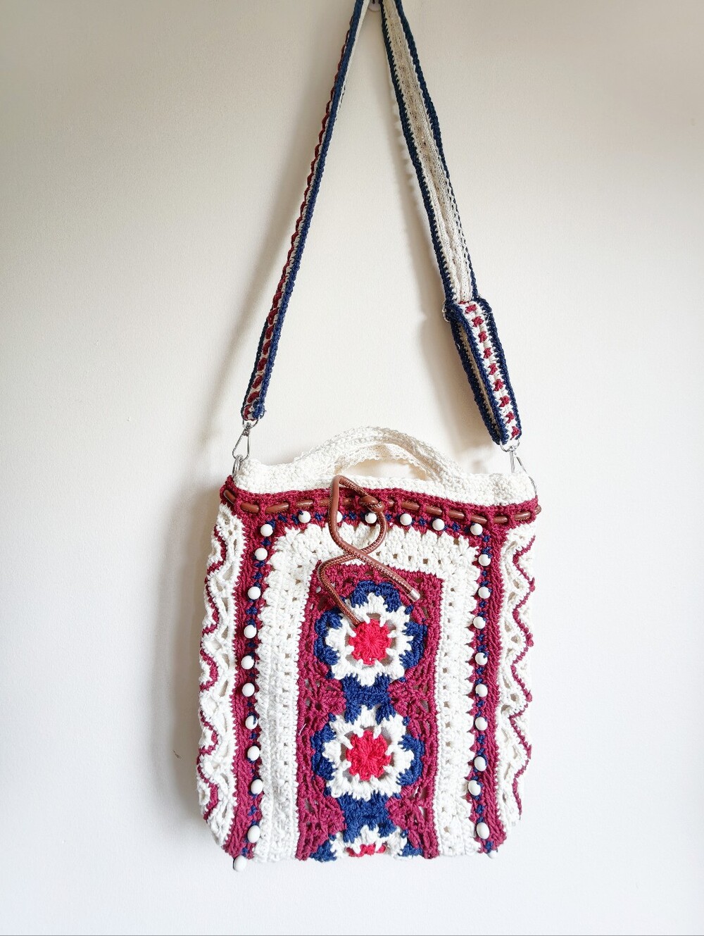 Handmade Crochet Boho Crossbody Bag in Cream, Brown & Blue